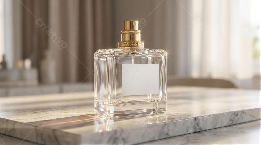Foto Produto Frasco Perfume Vidro Dourado Bancada Mármore