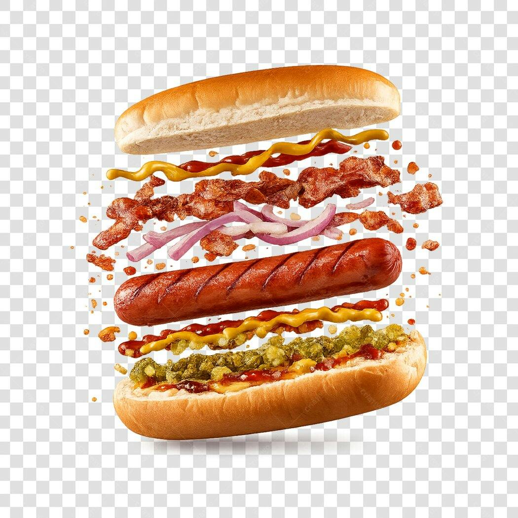 Foto Recortada Cachorro Quente Bacon Flutuante PNG Fundo Transparente