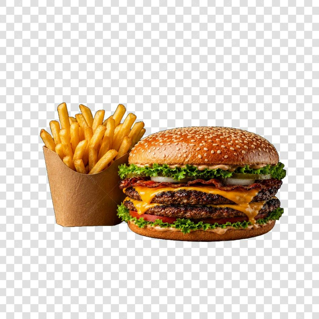Foto Recortada Hambúrguer Batata Frita PNG Fundo Transparente