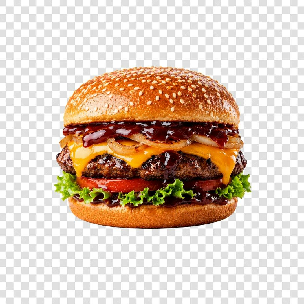 Foto Recortada Hambúrguer Cheddar Cebola Caramelizada PNG Fundo Transparente