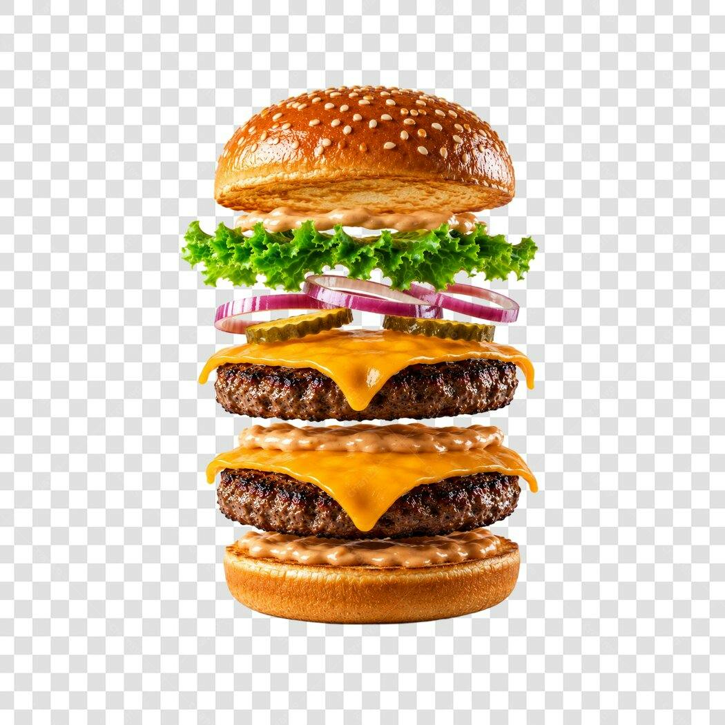 Foto Recortada Hambúrguer Duplo Queijo Flutuante PNG Fundo Transparente
