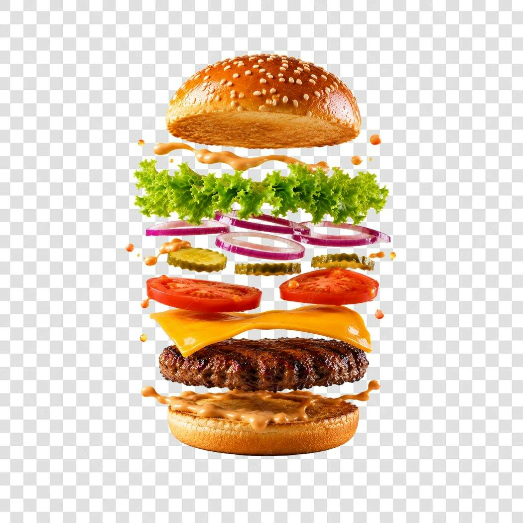Foto Recortada Hambúrguer Flutuante Ingredientes PNG Fundo Transparente