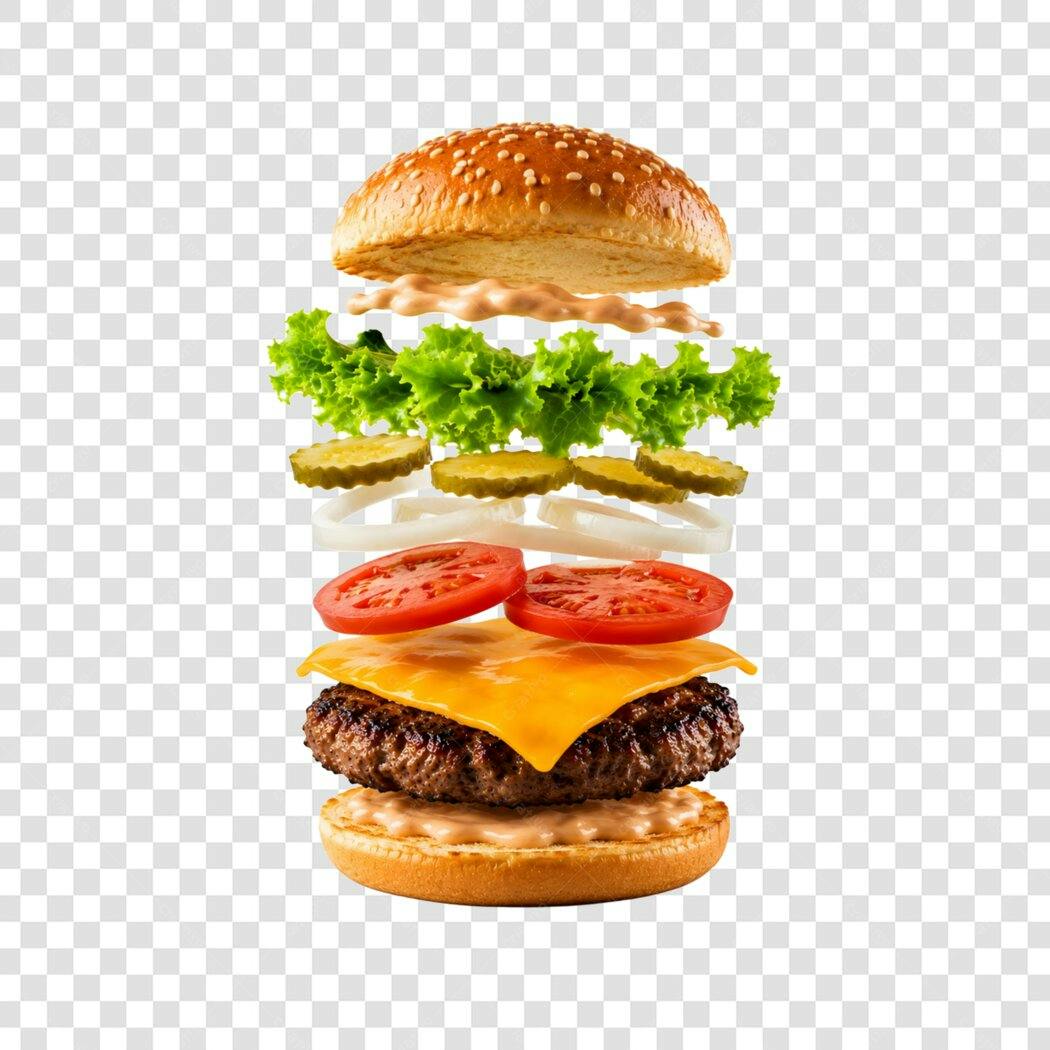 Foto Recortada Hambúrguer Flutuante Ingredientes PNG Fundo Transparente