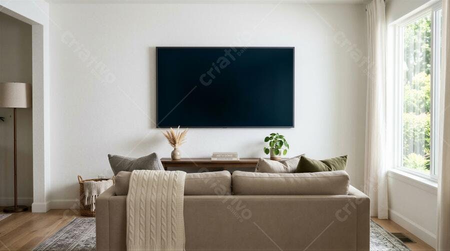 Foto Sala de Estar Moderna Sofá Bege TV Parede Branca