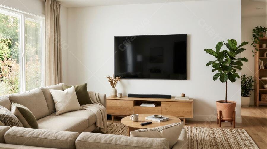Foto Sala de Estar Moderna Sofá Bege TV Planta Natural