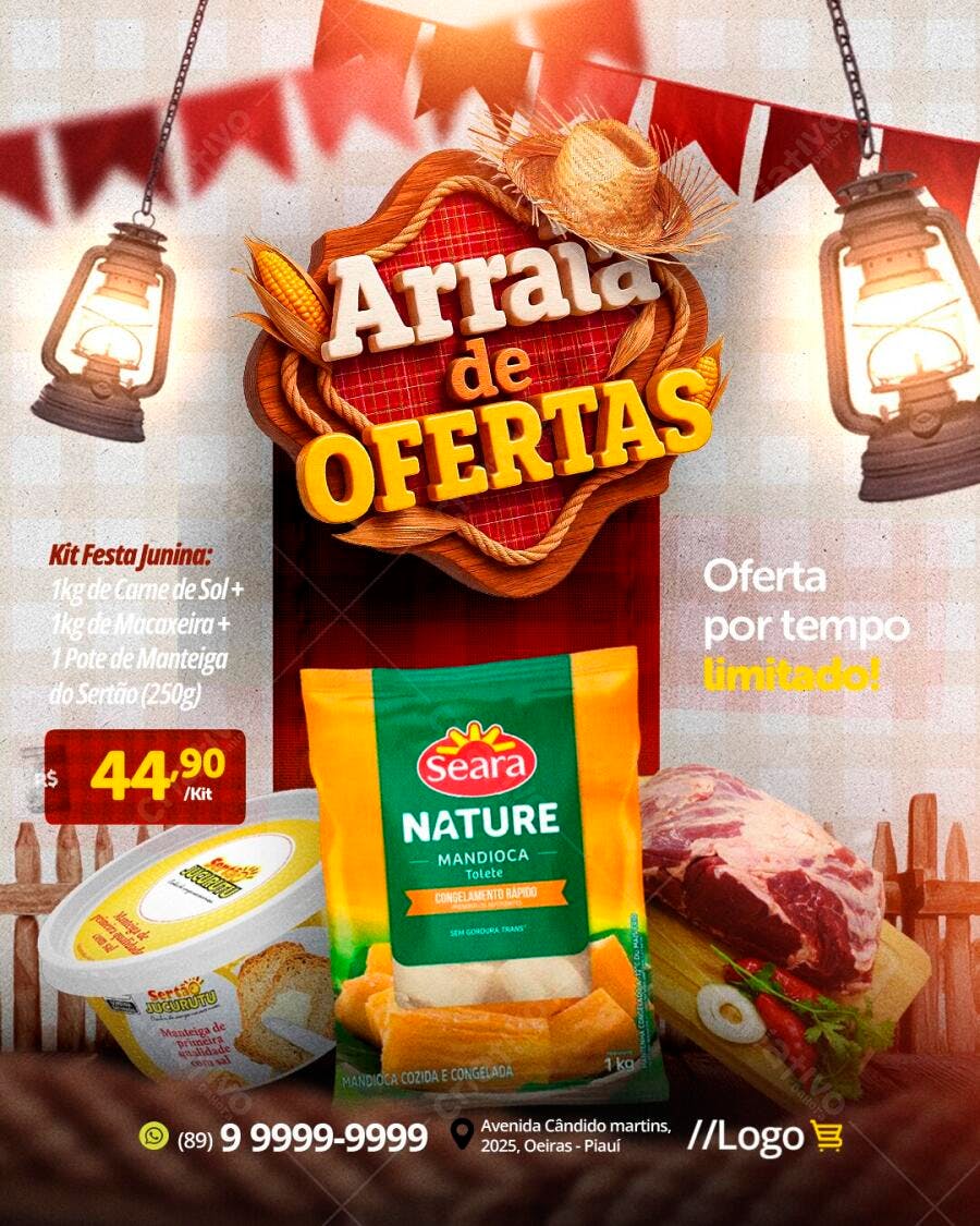 Post Instagram Arraial de Ofertas Supermercado PSD Editável