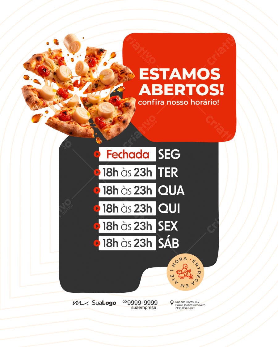 Post Instagram Pizzaria Horário de Funcionamento PSD Editável