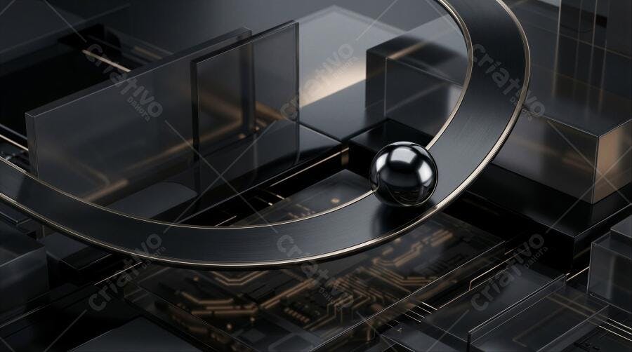 Render 3D Esfera Metálica Pista Curva Abstrata Tecnologia