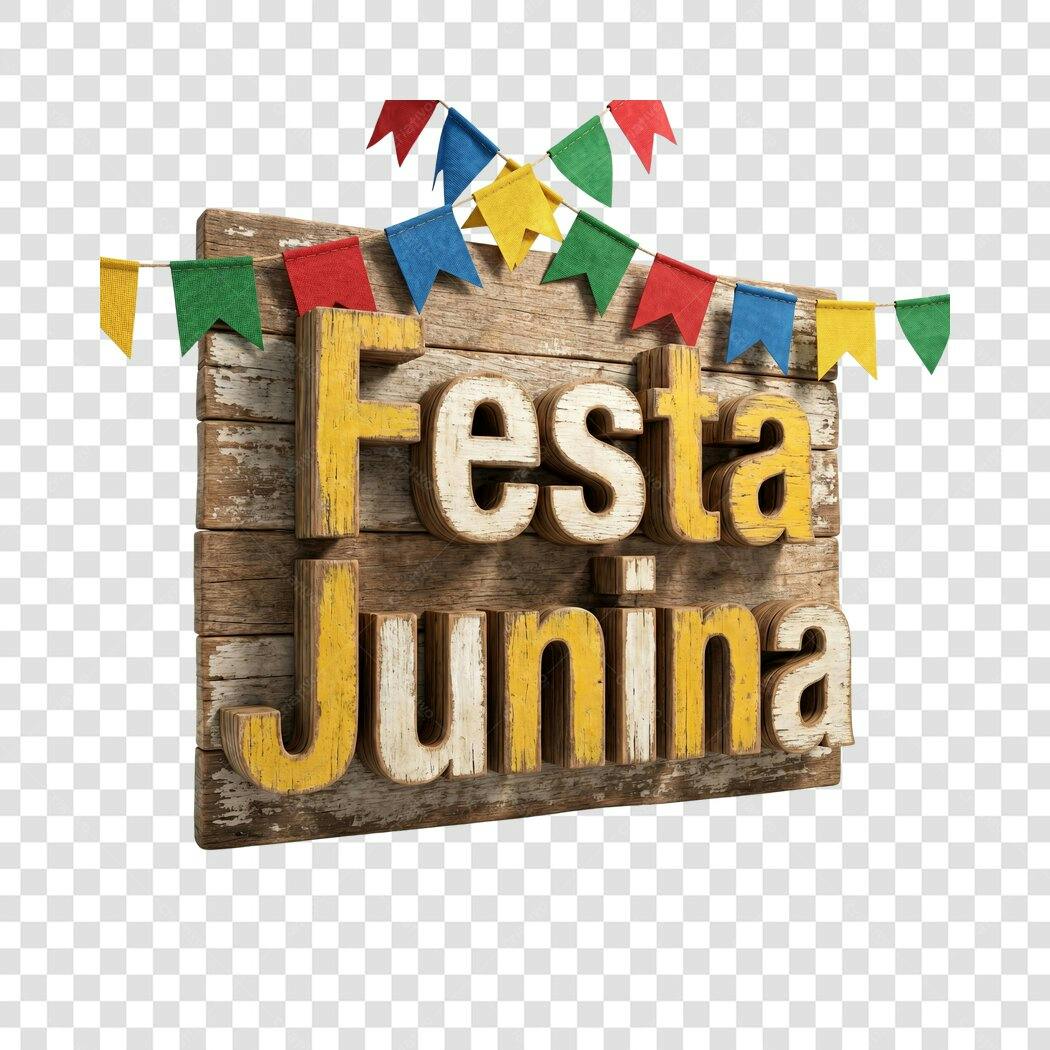 Elemento 3D Festa Junina Placa Madeira Bandeirinhas PNG Fundo Transparente