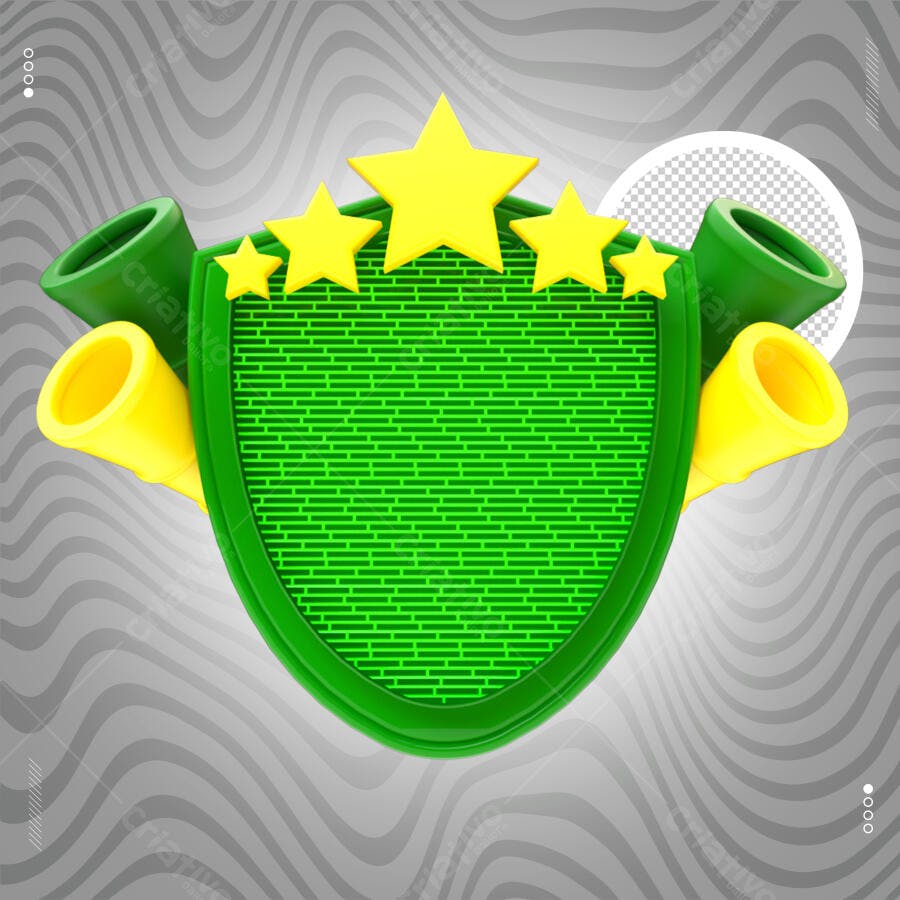 Escudo 3D Estrelas e Megafones Verdes Amarelos PSD Editável