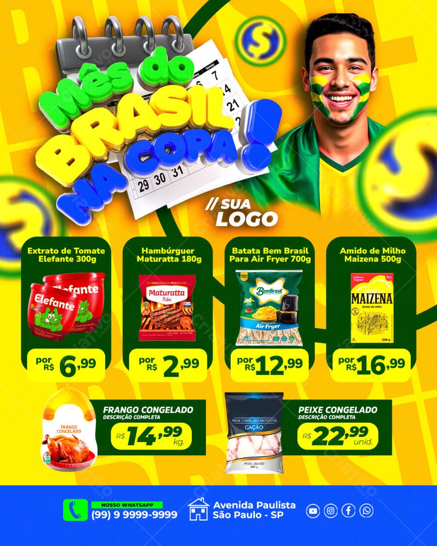 Flyer Mês do Brasil na Copa Supermercado PSD Editável