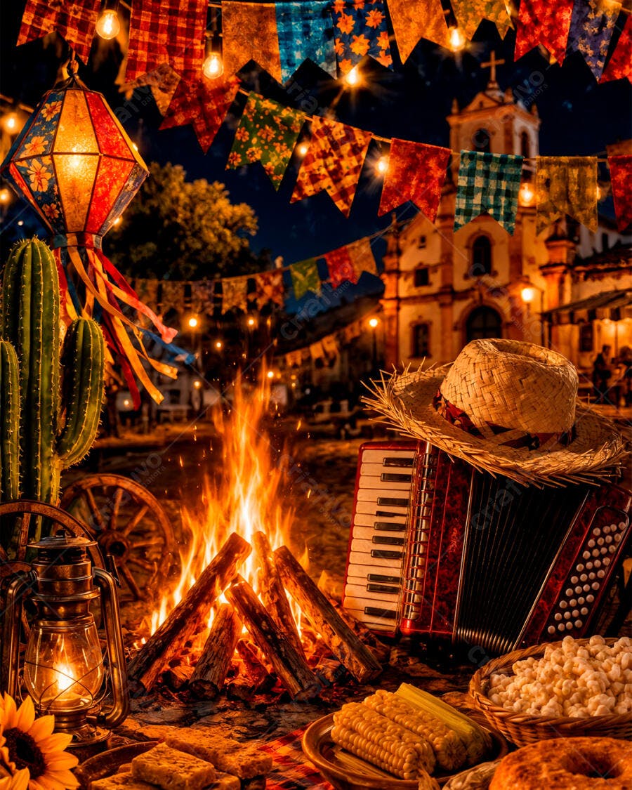 Foto Festa Junina Fogueira Sanfona Chapéu de Palha Noite