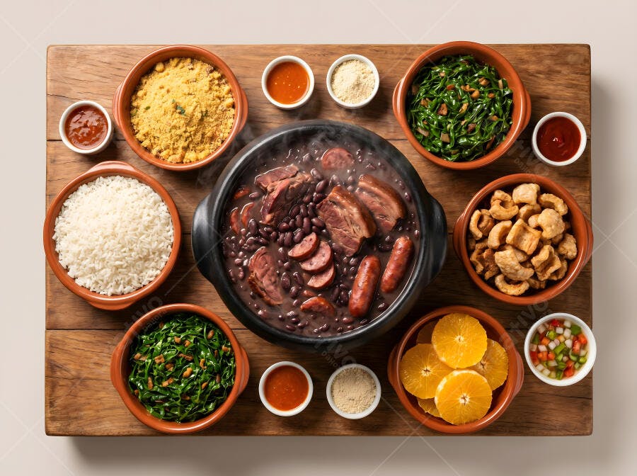 Foto Flat Lay Feijoada Completa com Acompanhamentos Tradicionais