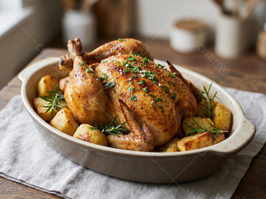 Foto Frango Assado com Batatas e Alecrim em Assadeira
