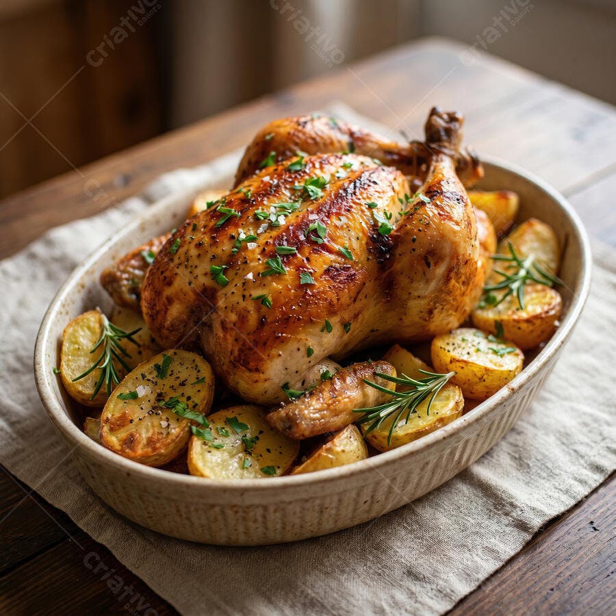 Foto Frango Assado Inteiro com Batatas e Alecrim Prato Rústico