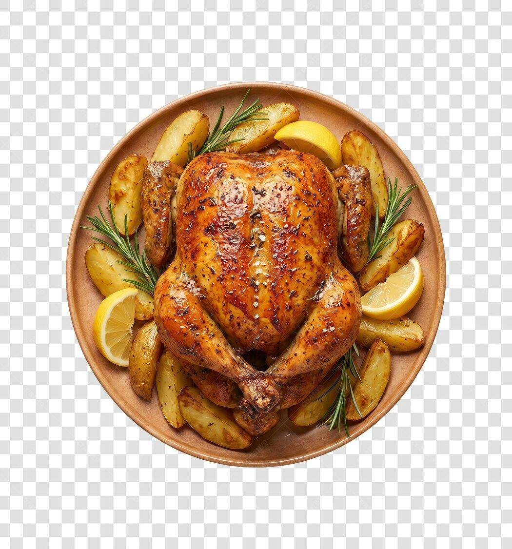 Foto Recortada Frango Assado Batatas Limão PNG Fundo Transparente