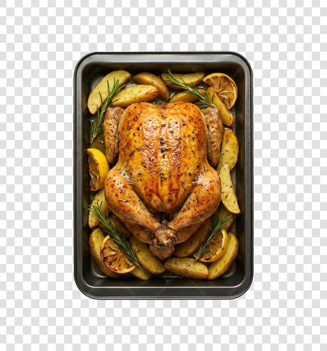Foto Recortada Frango Assado com Batatas e Limão PNG Fundo Transparente