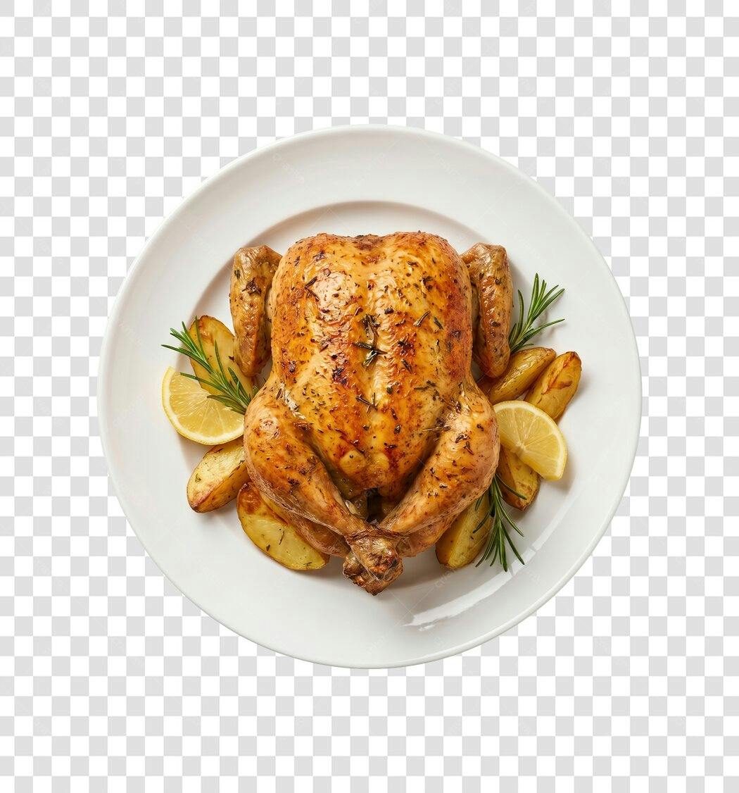 Foto Recortada Frango Assado com Batatas Limão PNG Fundo Transparente