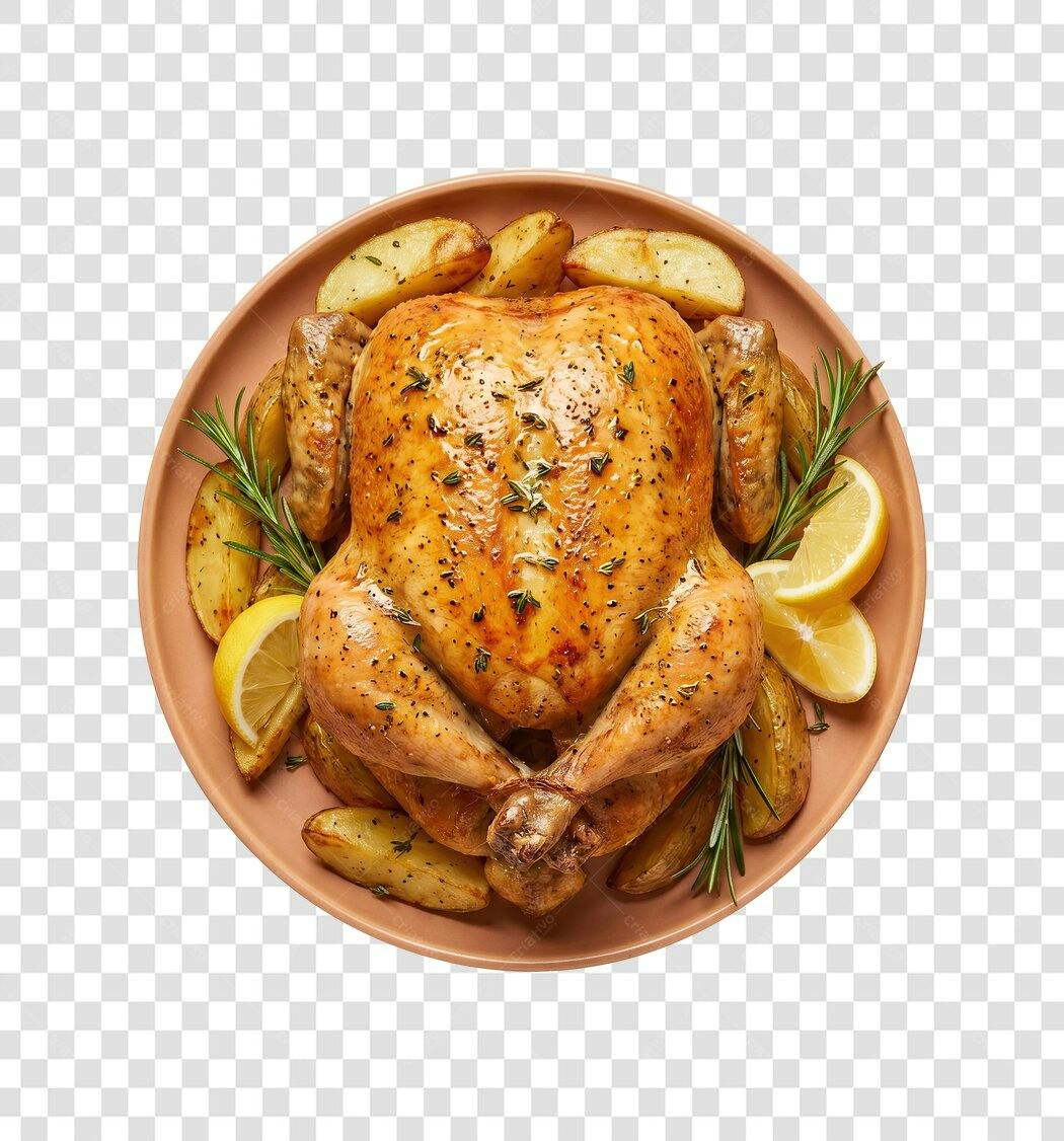 Foto Recortada Frango Assado com Batatas Limão PNG Fundo Transparente