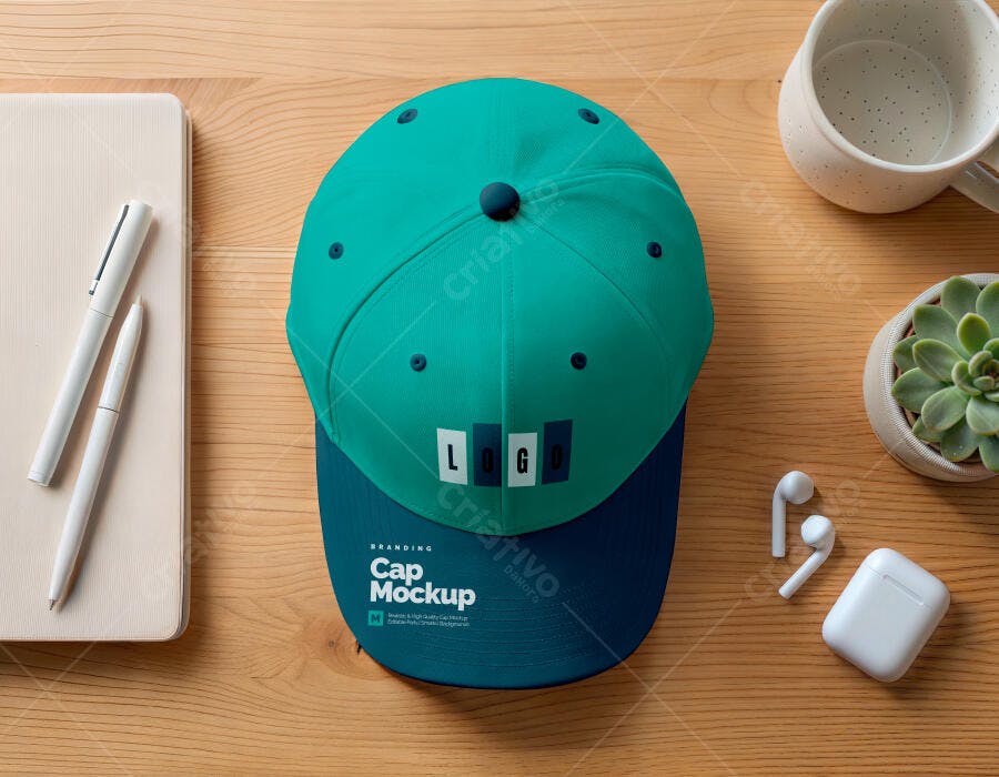 Mockup Boné Teal e Azul Marinho Vista Superior Mesa Madeira Editável