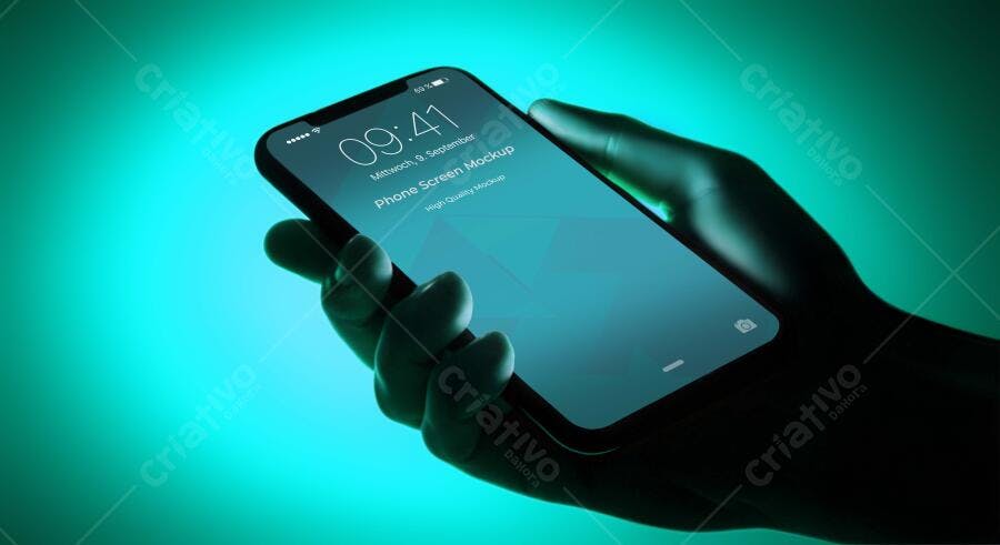 Mockup Celular Mãos Segurando Tela Fundo Verde Editável