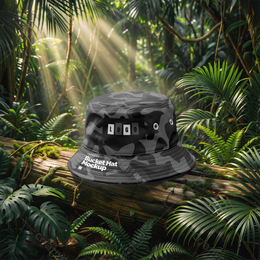 Mockup Chapéu Bucket Camuflado Floresta Realista Editável