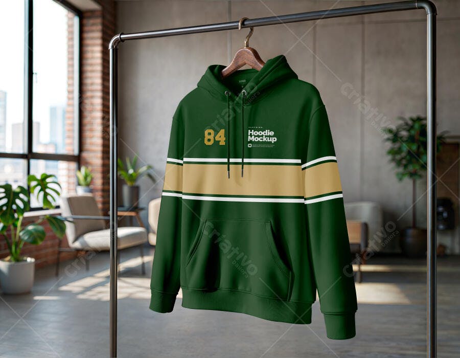 Mockup Hoodie Moletom Verde Cabide Metálico Editável