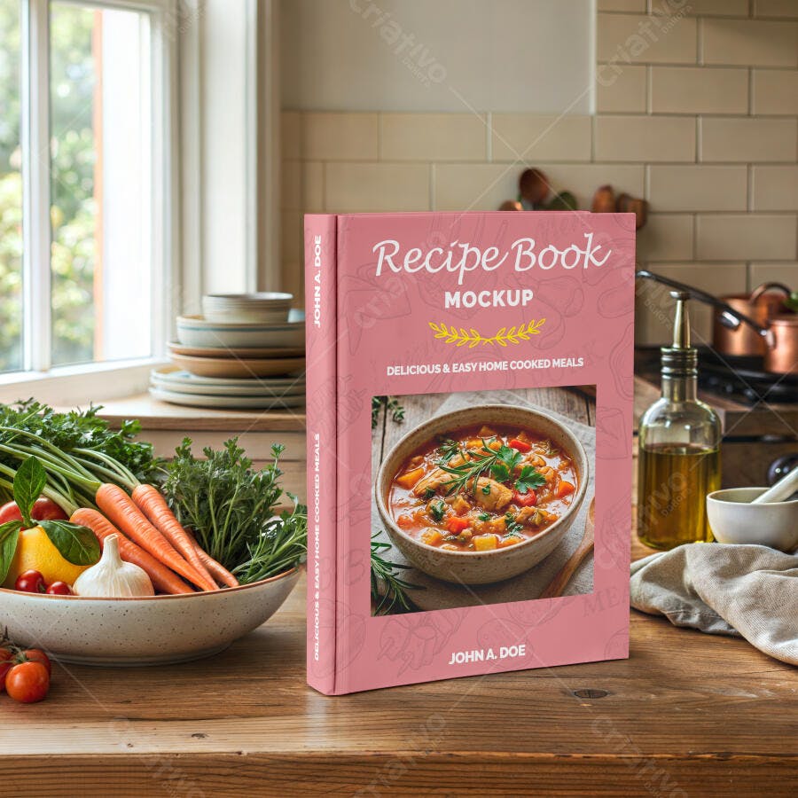Mockup Livro de Receitas Capa Dura Cozinha Editável