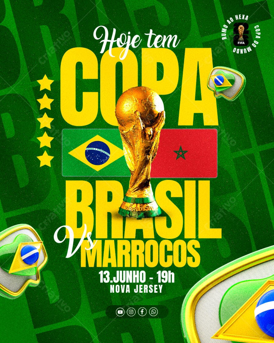 Post Copa do Mundo Brasil Marrocos Junho PSD Editável