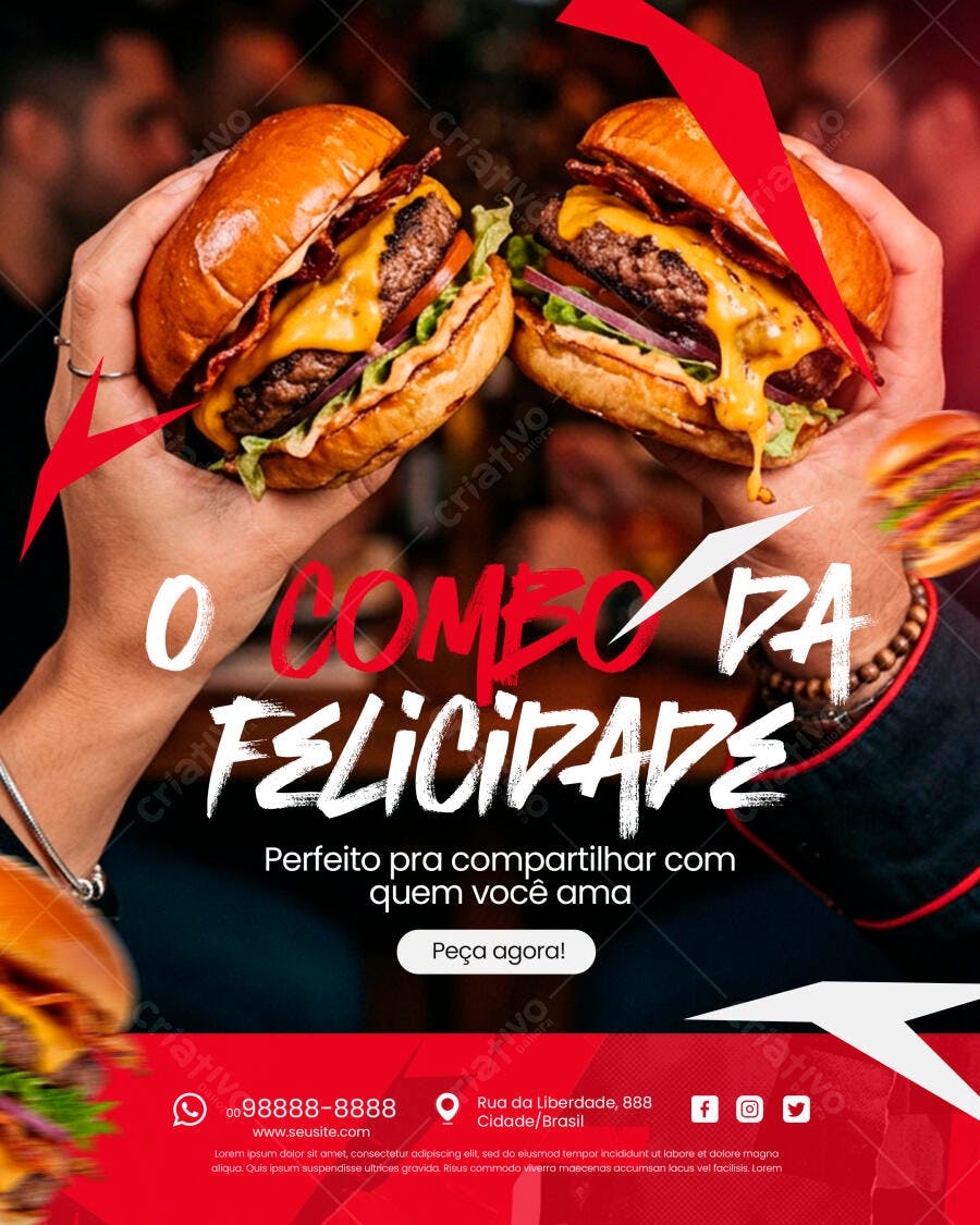 Post Instagram Hamburgueria Combo Felicidade PSD Editável
