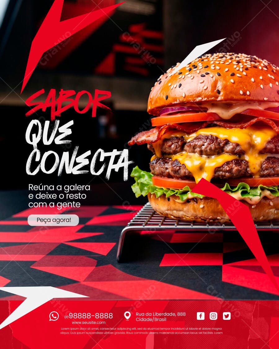 Post Instagram Hamburgueria Sabor Conecta PSD Editável