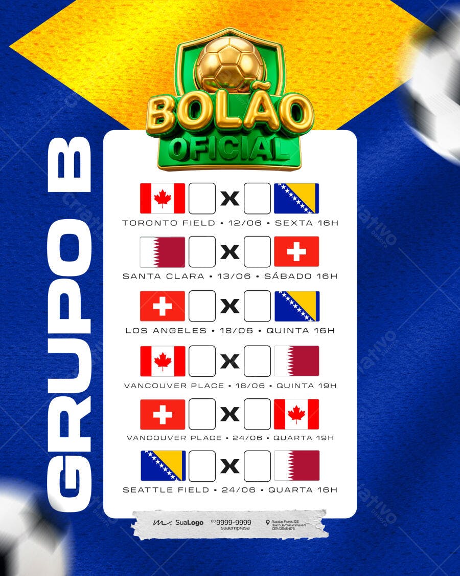 Bolão Oficial Copa do Mundo Futebol PSD Editável