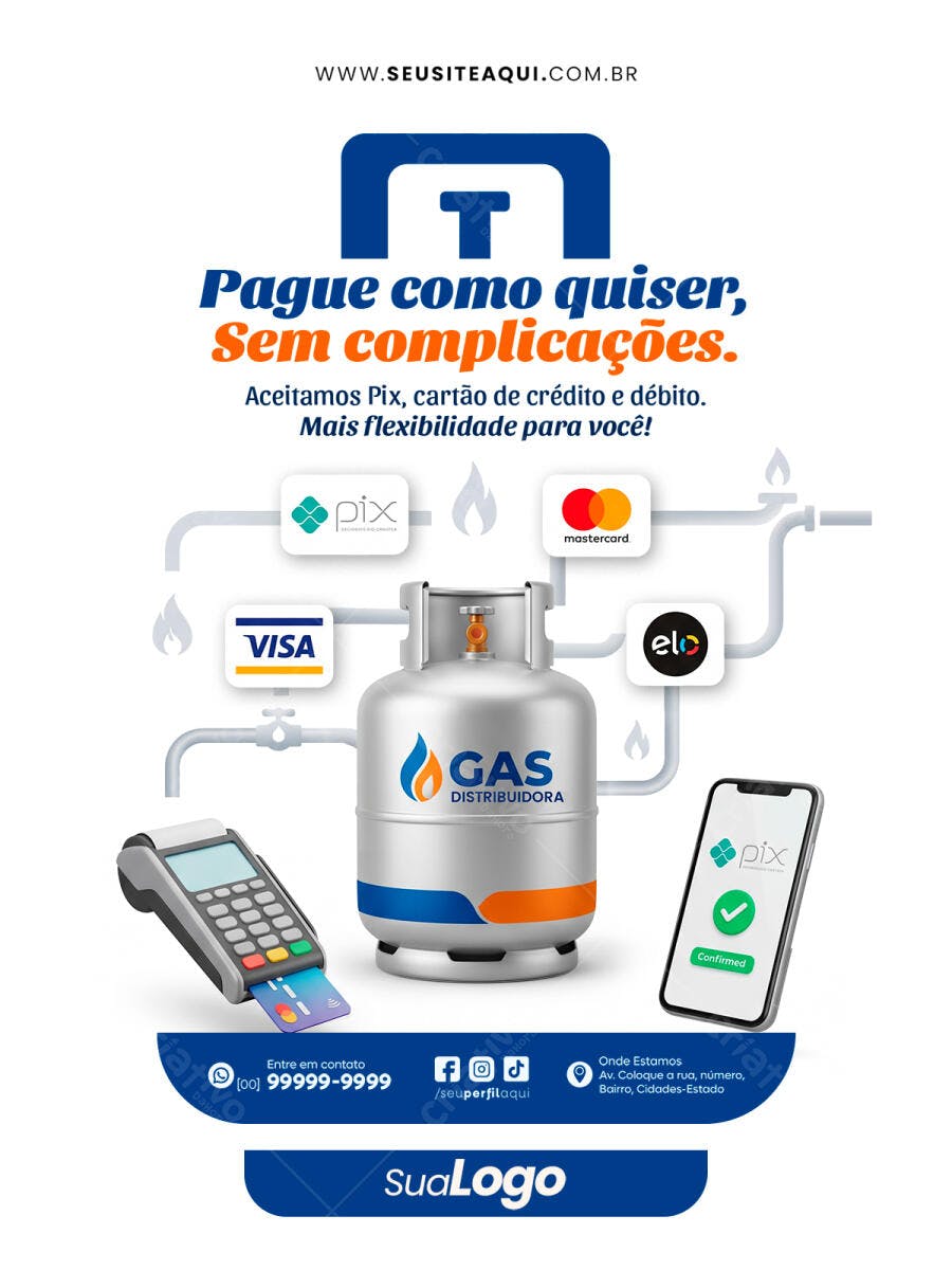 Flyer Distribuidora Gás Pagamento Pix Cartão PSD Editável