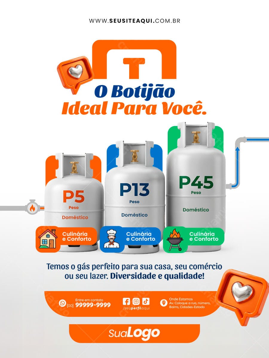 Flyer Gás de Cozinha Botijão P5 P13 P45 PSD Editável