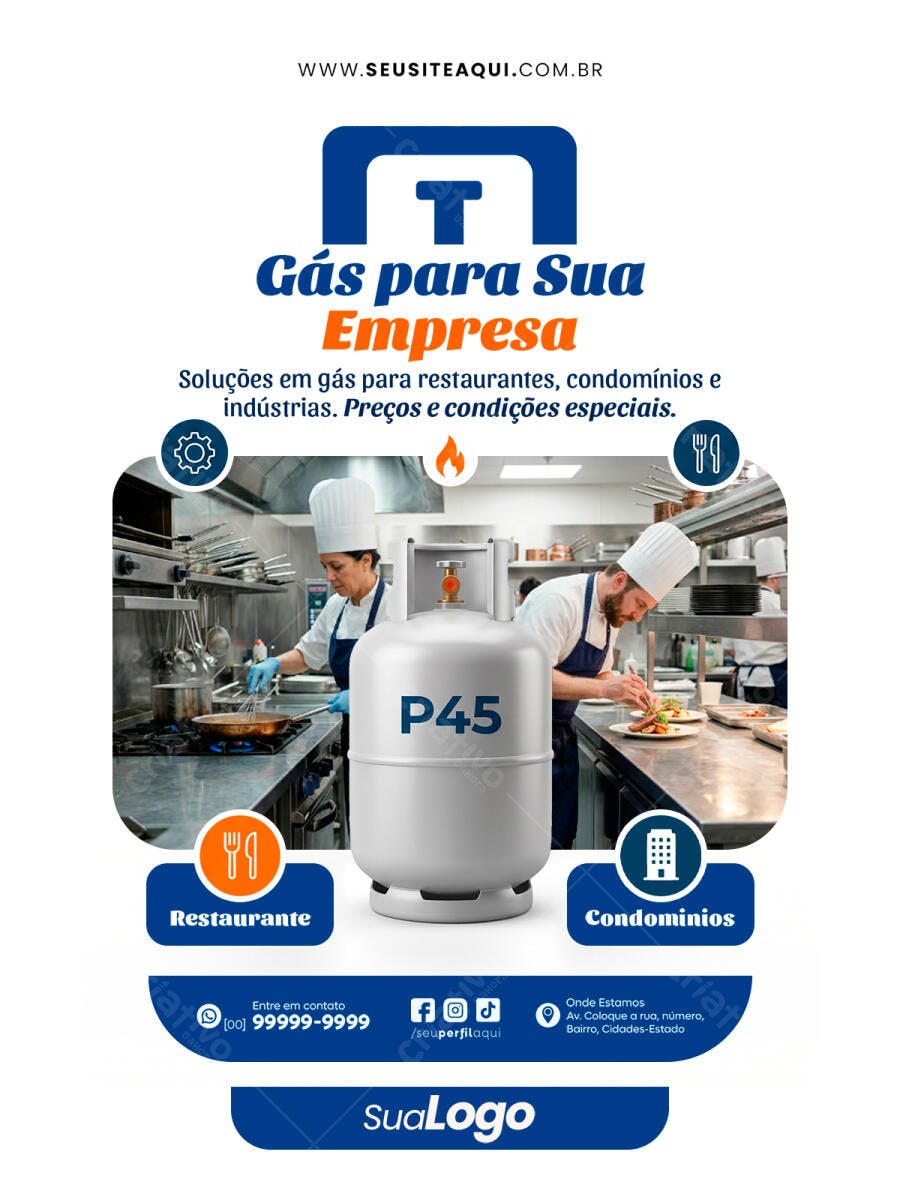 Flyer Gás para Empresa Restaurante Condomínio PSD Editável