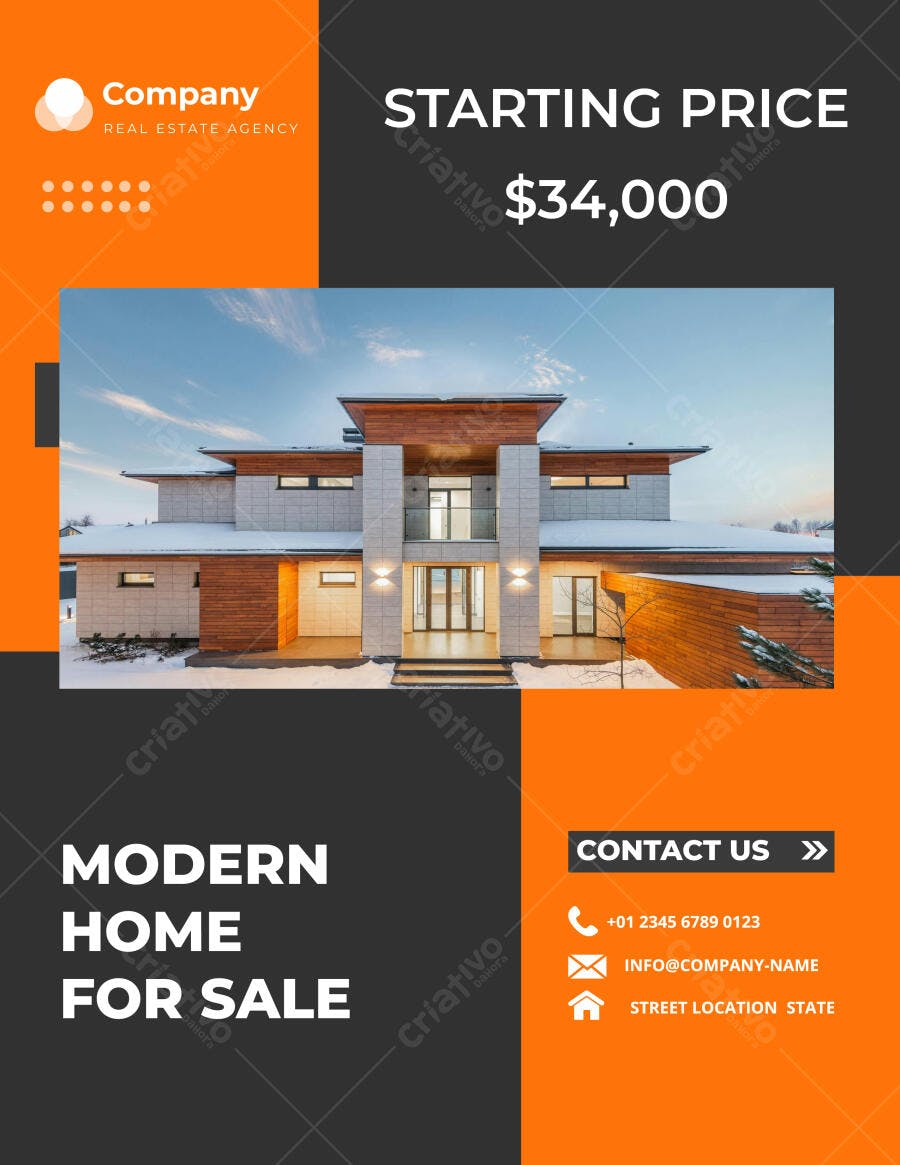 Flyer Imobiliária Casa Moderna Laranja e Cinza