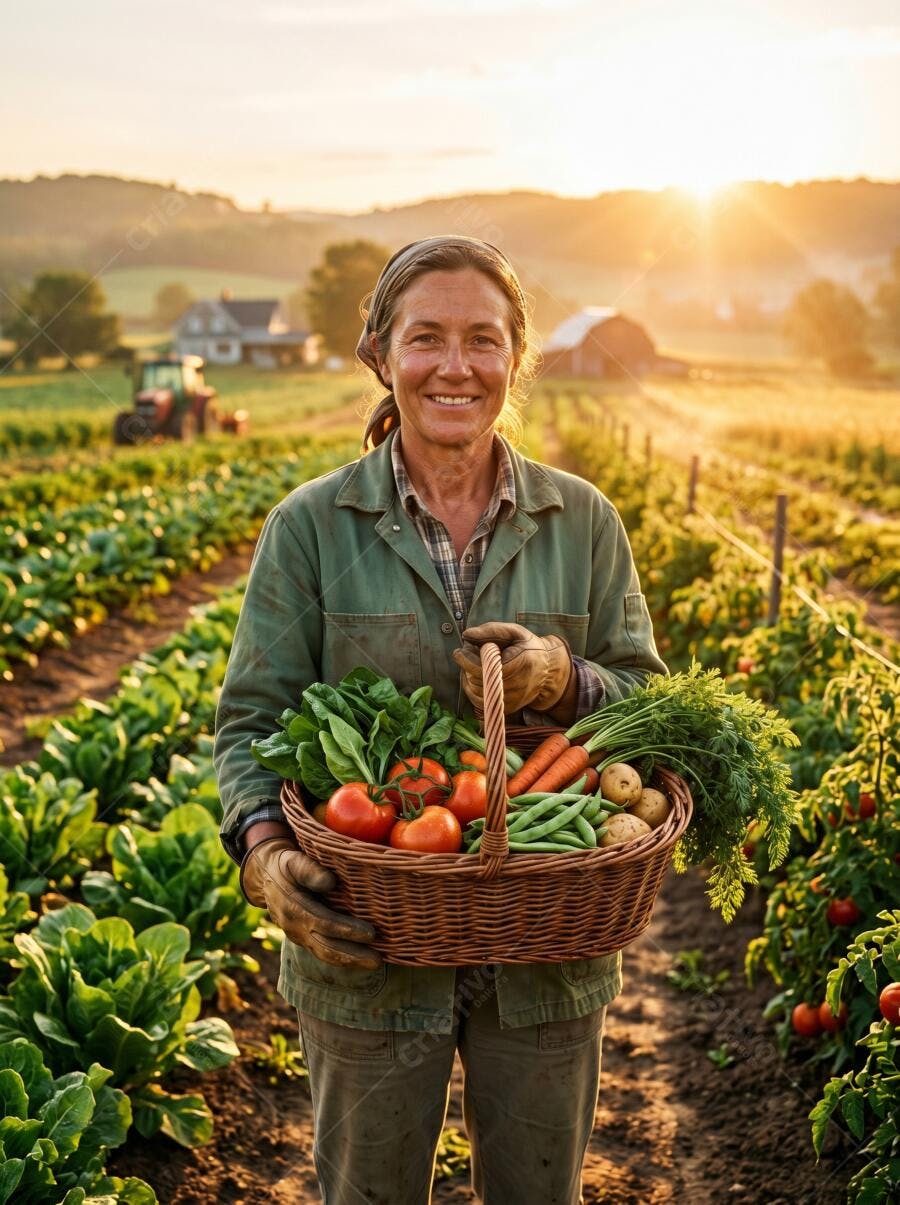Foto Fazendeira Sorrindo Cesta de Vegetais Frescos Horta Orgânica