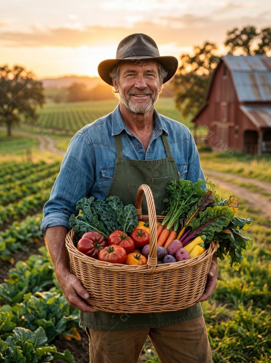 Foto Fazendeiro Sorrindo Colhendo Vegetais Frescos Orgânicos