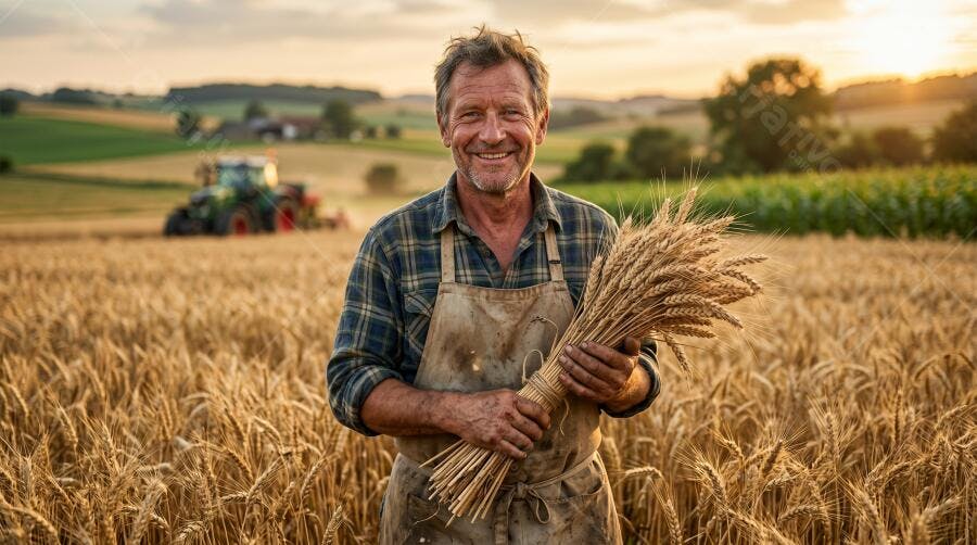Foto Fazendeiro Sorrindo Segurando Trigo Campo Dourado