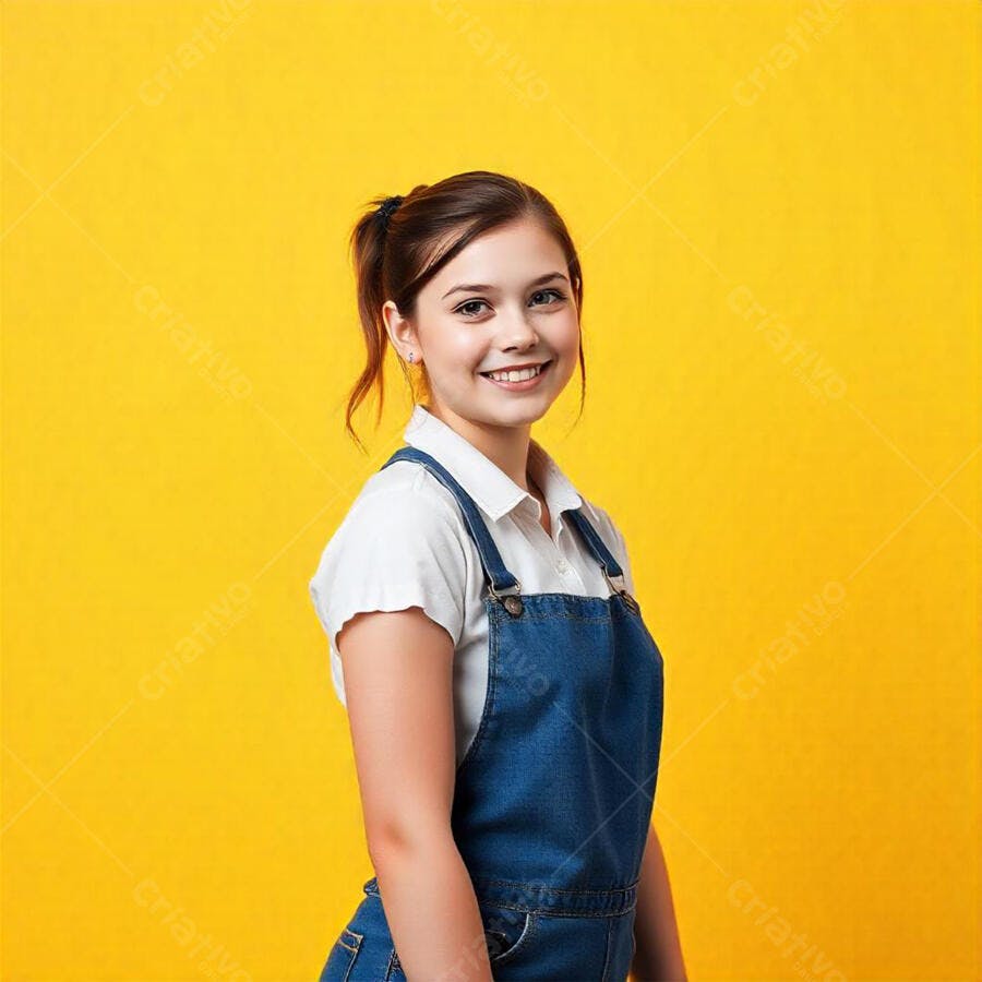 Foto Jovem Mulher Sorrindo Fundo Amarelo Vibrante