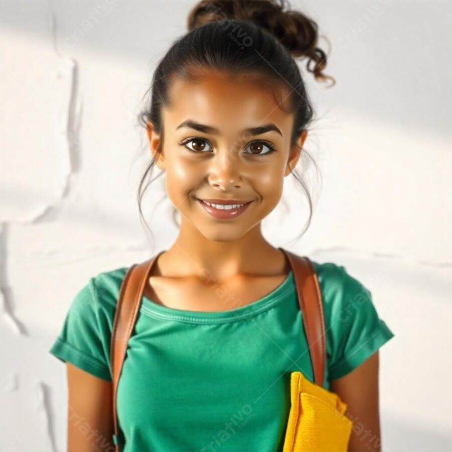 Foto Menina Estudante Sorrindo Mochila Verde Amarelo