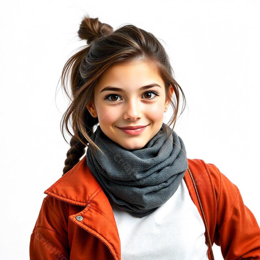 Foto Menina Jovem Sorrindo Cachecol Laranja Fundo Branco