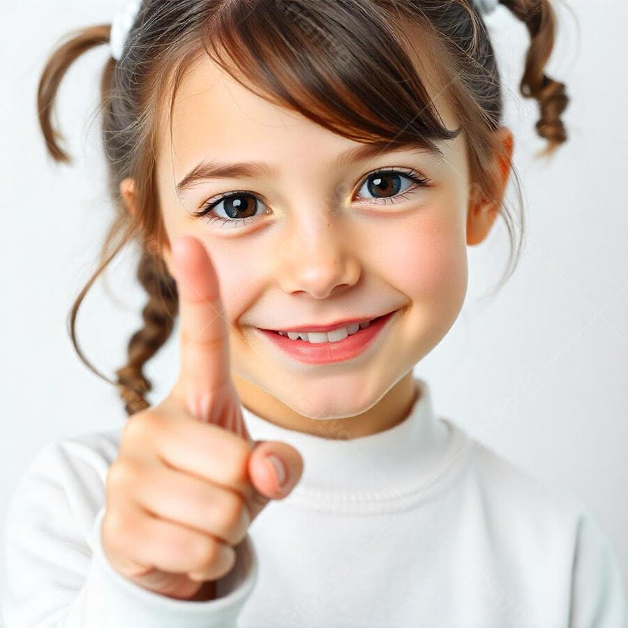 Foto Menina Sorrindo Apontando Dedo para Frente Fundo Branco