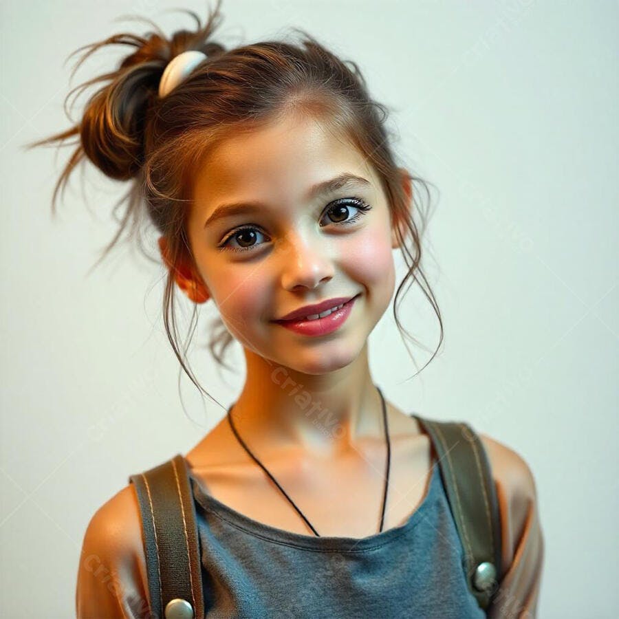 Foto Menina Sorrindo Cabelo Preso Olhar Câmera Fundo Claro