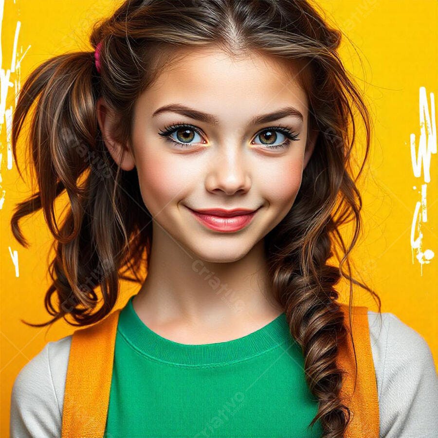 Foto Menina Sorrindo Olhos Verdes Fundo Amarelo Vibrante