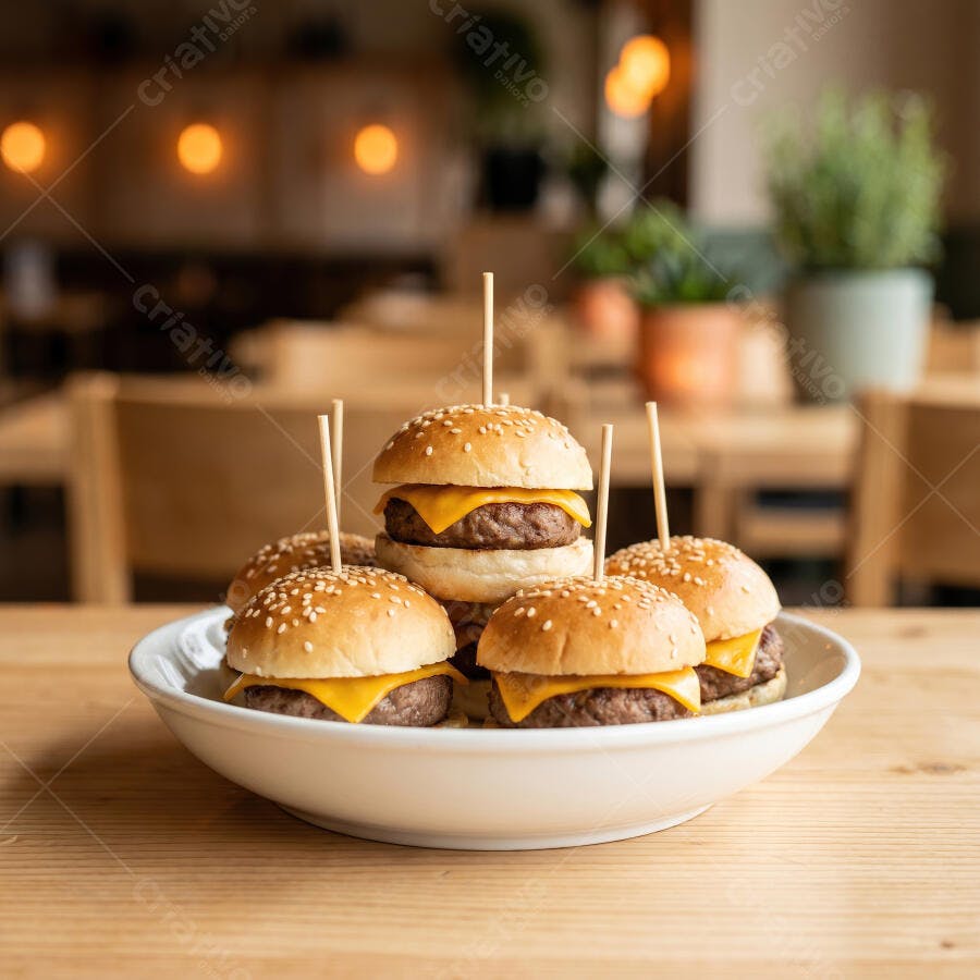 Foto Mini Hambúrgueres Queijo Prato Branco Restaurante