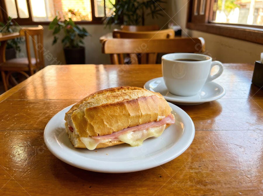Foto Misto Quente Café Quente Mesa de Madeira Padaria