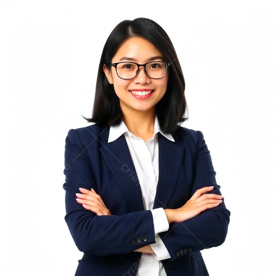 Foto Mulher Asiática Sorrindo Braços Cruzados Óculos Fundo Branco