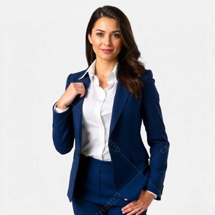 Foto Mulher Executiva Sorrindo Terno Azul Marinho Estúdio