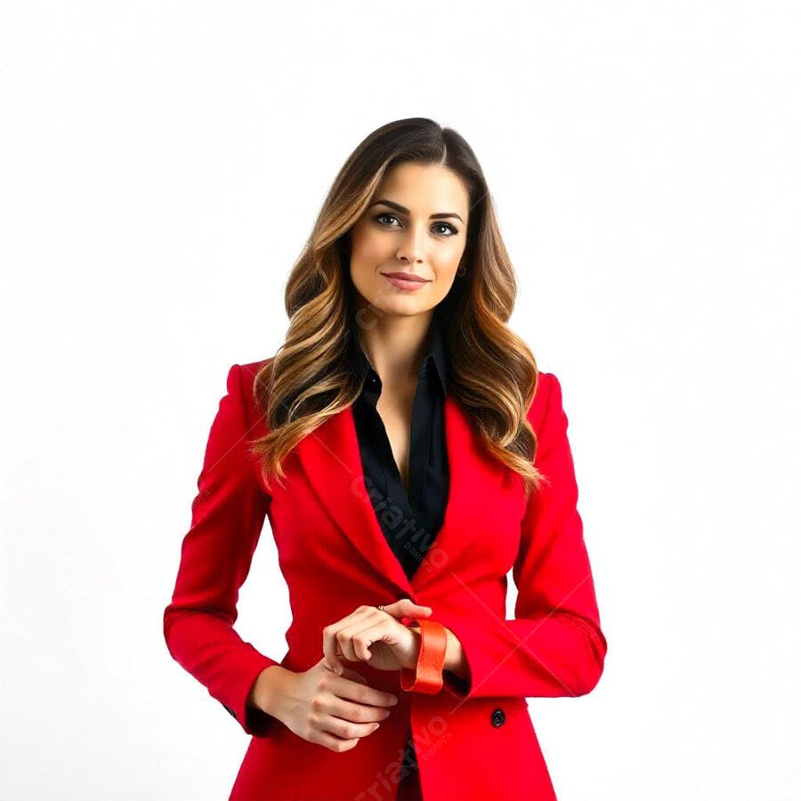 Foto Mulher Jovem Empresária Sorrindo Blazer Vermelho Fundo Branco